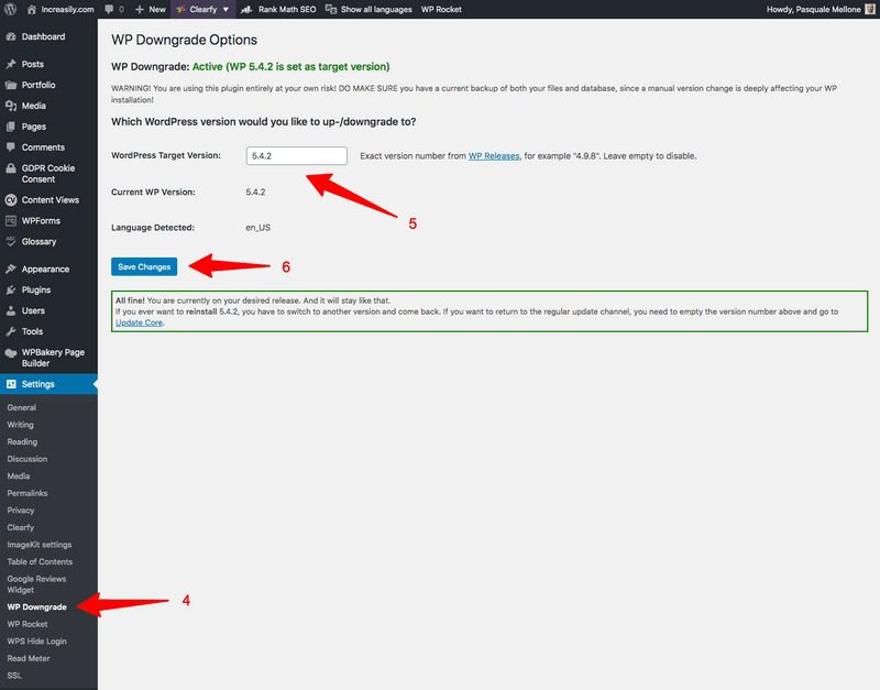 cómo degradar la versión de destino de wordpress wp downgrade